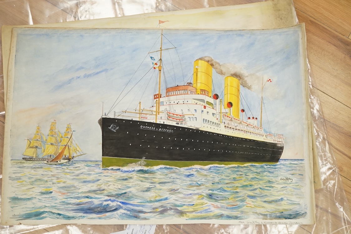 John Harold Fry (British, 1881-1941), set of eight original watercolours for postcard designs, ocean liners to include SS Resolute Hamburg American Line, SS Bremen Norddeutscher Lloyd Line and SS Atlantis Royal Mail Line